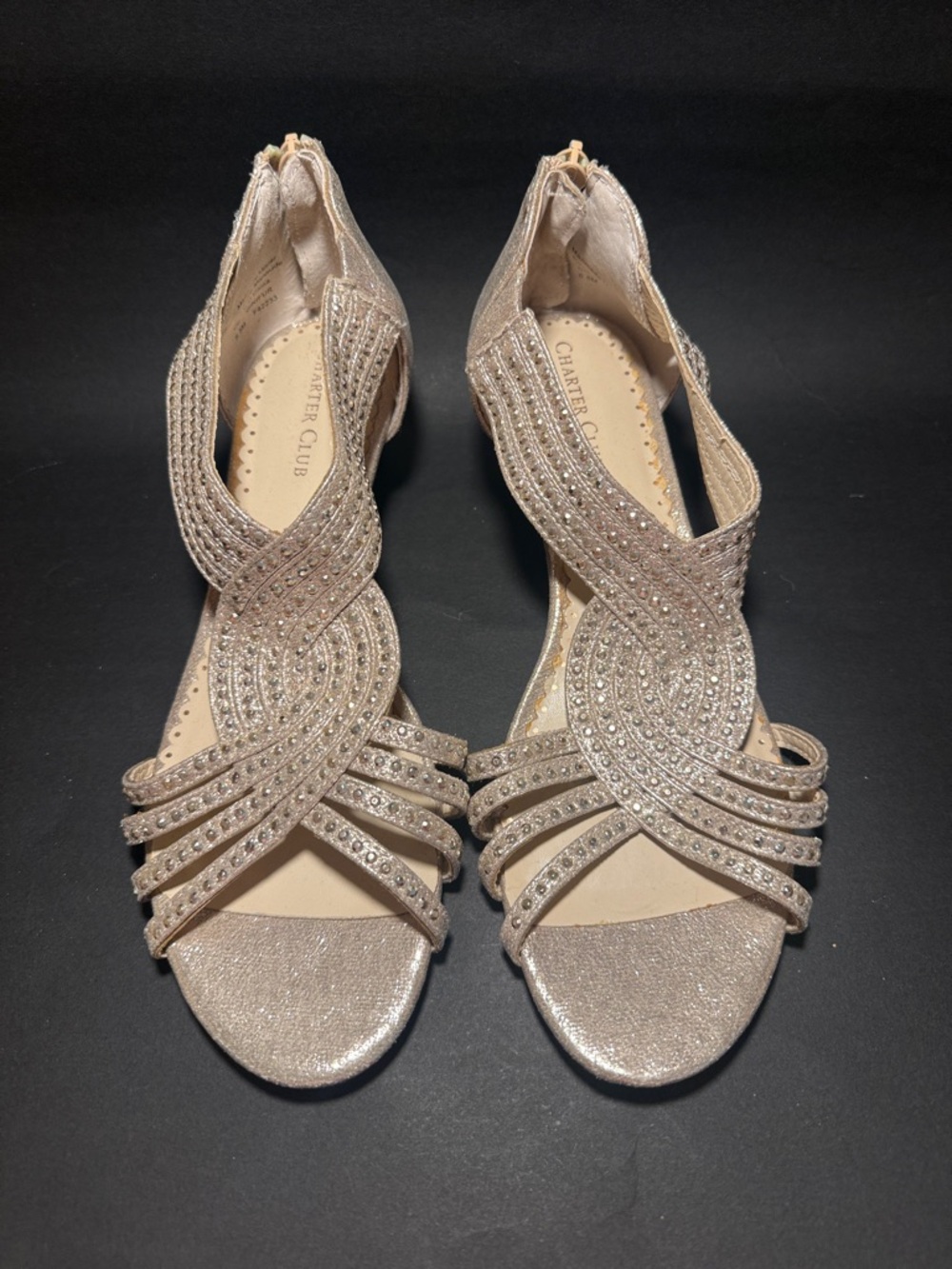 Charter Club Women's Glitter Strappy Heeled Sandals in Champagne 6.5